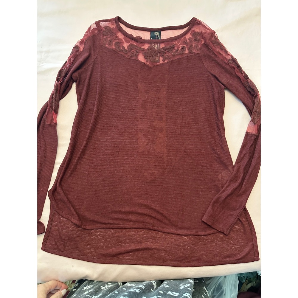 Free People New Romantics Burgundy Lace Mesh Ribbed Long Sleeve Top XS Boho